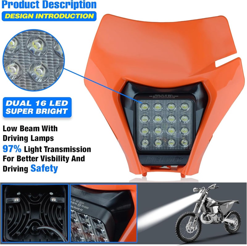 MCHMFG Dirt Bike Headlight,LED Enduro Pit Bike Light Kit Universal For Most Dirt Pit Bike Motorcycle EXC SX XCF Orange - Image 3